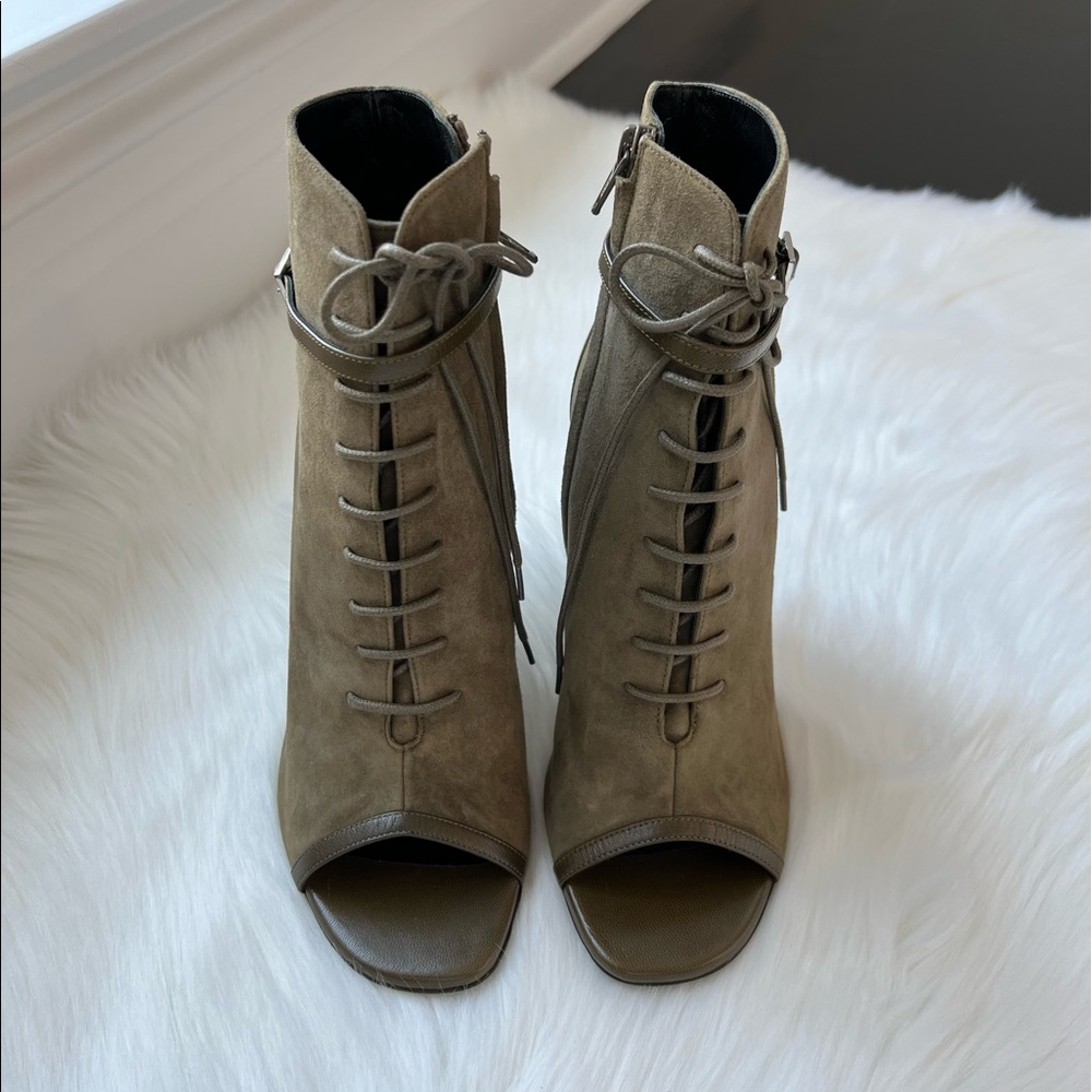Saint Laurent Women's Paris Army Green Open Toe Suede Ankle Bootie Size 38